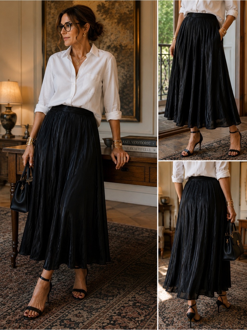 Brannan Studio Size 12 Black Satin Pleated Midi Skirt Quiet Luxury Minimalist